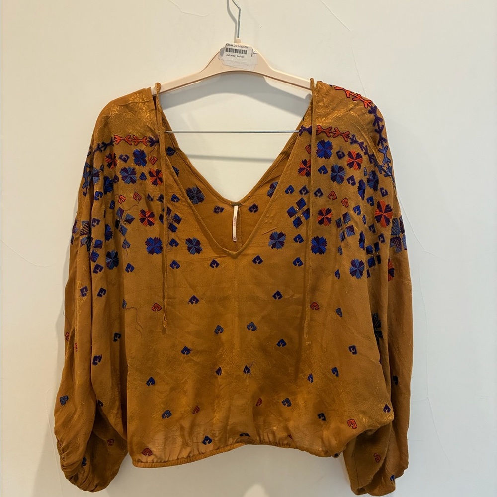 Free People Yellow Brown Embellished 3/4 Sleeve Blouse